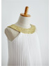 Gold Sequin Collar Ivory Pleated Chiffon Tea Length Flower Girl Dress